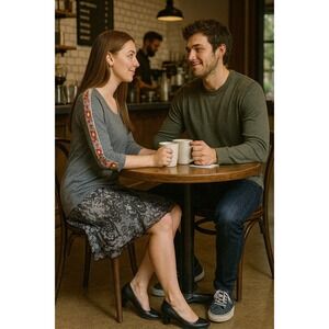 Style & Co L Gray Floral Embroidered Sleeve Knit Top Boho Western Casual Cowgirl